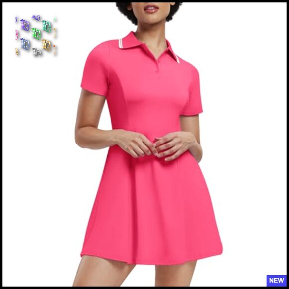 Tennis Dress Golf Athletic Short Sleeve High Waist A-Line Workout Dress - Picture 2 of 6